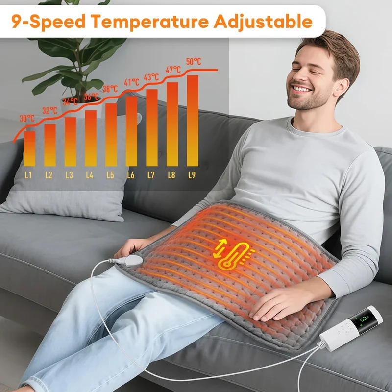 Brehn | ThermaEase Elektrisches Heizkissen | 9 Temperaturstufen & 4 Timer-Modi | 30×60 cm | Waschbar & Schnelles Heizen | Für Rücken, Bauch & Beine
