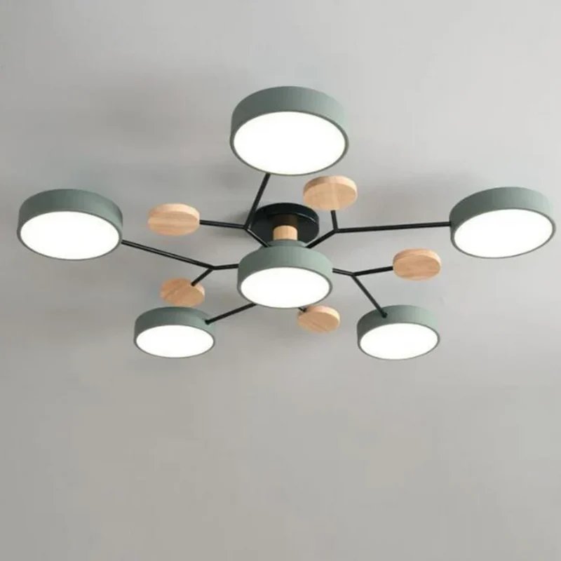 LED-Deckenleuchte rund – Eisen & Holz, 3 Lichtfarben, mehrere Lichtköpfe, 220 V, für 15–30 m², Wohn- & Schlafzimmer