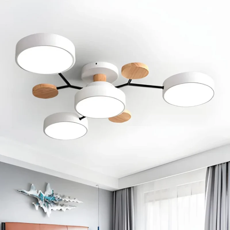 LED-Deckenleuchte rund – Eisen & Holz, 3 Lichtfarben, mehrere Lichtköpfe, 220 V, für 15–30 m², Wohn- & Schlafzimmer