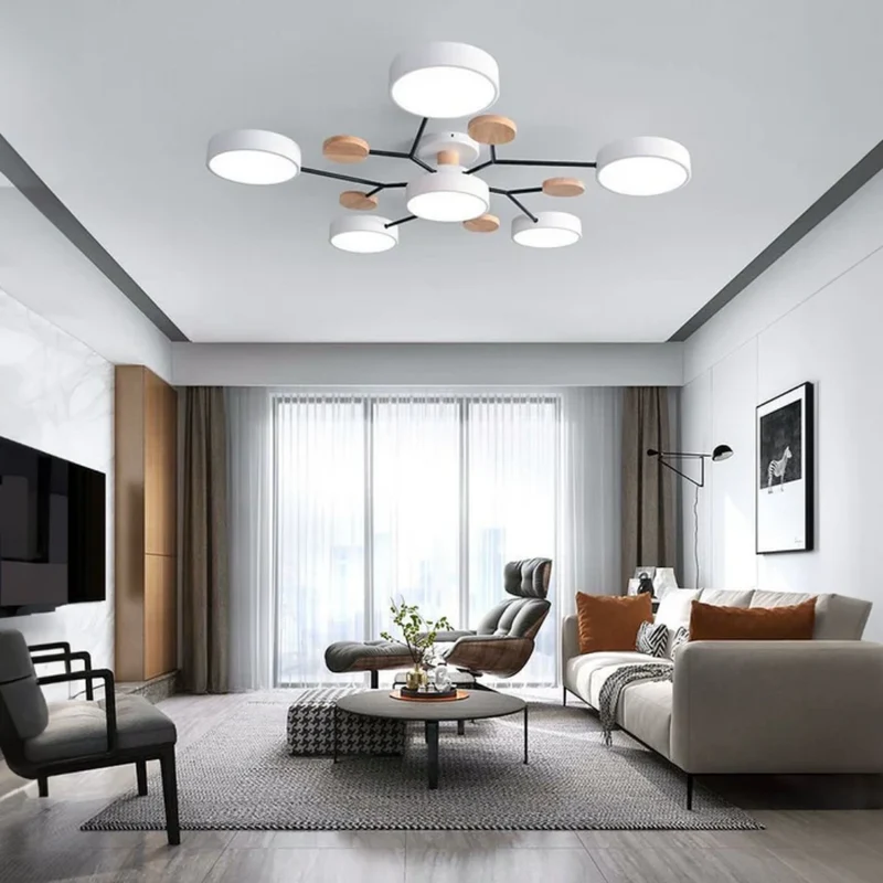 LED-Deckenleuchte rund – Eisen & Holz, 3 Lichtfarben, mehrere Lichtköpfe, 220 V, für 15–30 m², Wohn- & Schlafzimmer