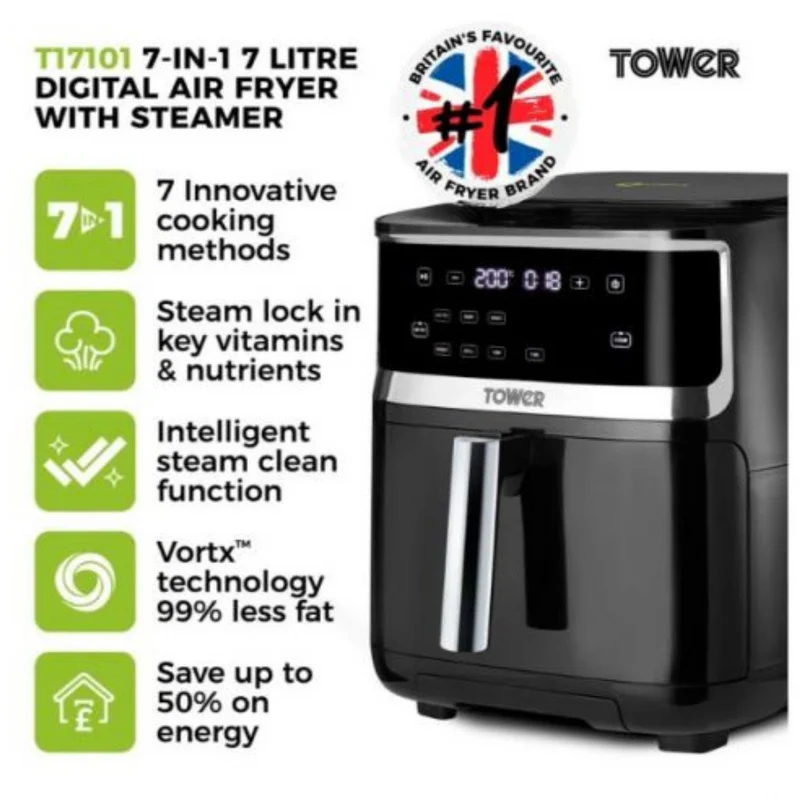 Tower Vortx 1700W 7L Steam Heißluftfritteuse - Schwarz | T17101