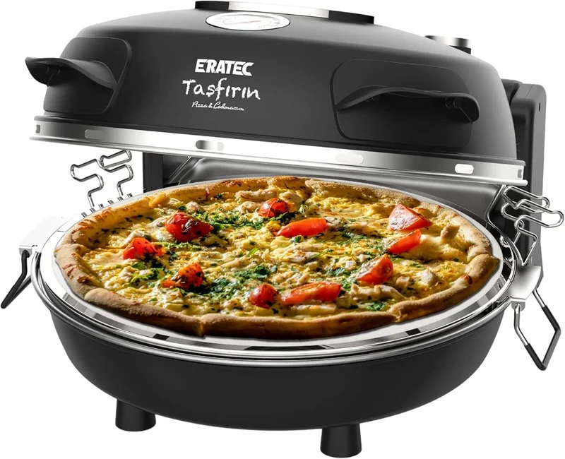 Elektrischer Pizzaofen SET-PM-27.Temperatur, 32 cm, 2 Temperaturzonen, Pizza 4 Minuten fertig inkl, bis zu 400°C mit 5 Garstufen, ERATEC-Pizzaofen
