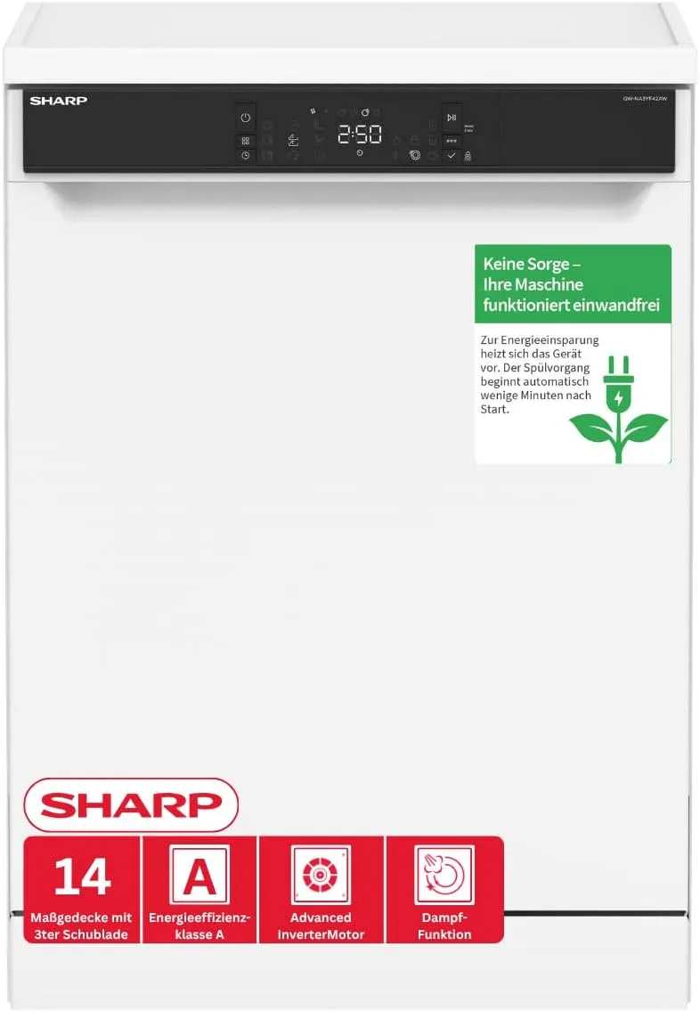 Sharp QW-NA3YF42AW-DE Geschirrspüler, 60 cm, 42 dB, freistehend, WLAN, Weiß, 14 Maßgedecke, SteamWash, DualProWash, EcoWash, AutoDoor