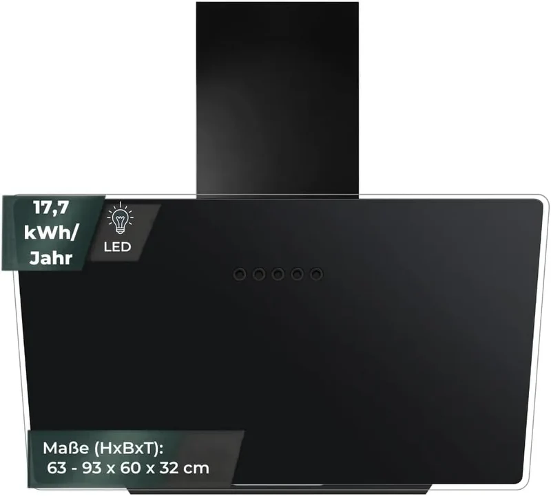 Dunstabzugshaube, 60 cm, Küchenhaube, kopffrei und schräg, Abluft- und Umluftbetrieb, LED-Beleuchtung, Schwarz