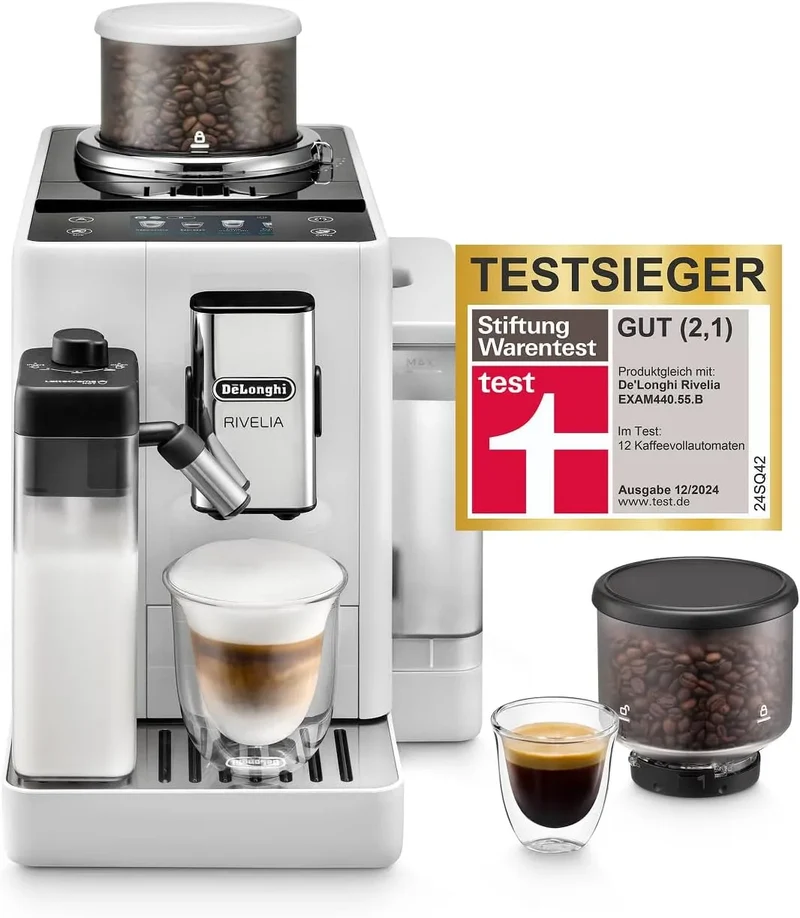 De'Longhi ExAM440.55.W Kaffeevollautomat, Touch-Bedienung, Weiß, 16 Kaffee- & Milchgetränke auf Knopfdruck, 5' Touch-Display, Milchschaum