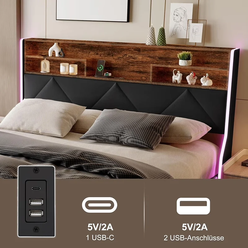 LED Doppelbett 160x200cm Polsterbett Ladefunktion Bett
