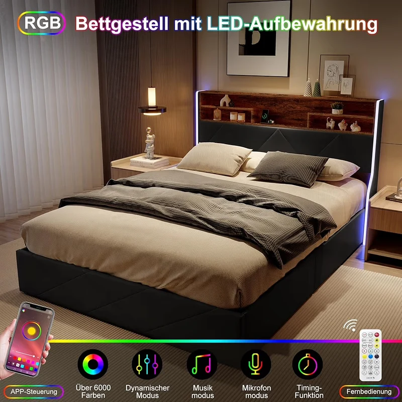 LED Doppelbett 160x200cm Polsterbett Ladefunktion Bett