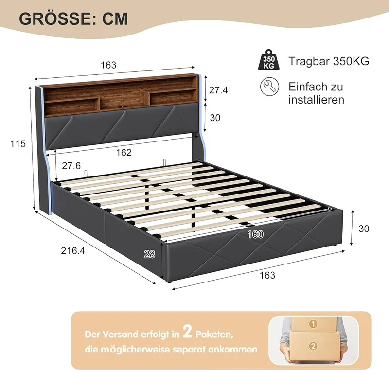 LED Doppelbett 160x200cm Polsterbett Ladefunktion Bett