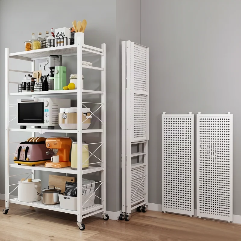 Klappbares Metallregal aus Kohlenstoffstahl – ohne Montage, mit Rollen, X-Gitter, für Küche, Balkon & Garage