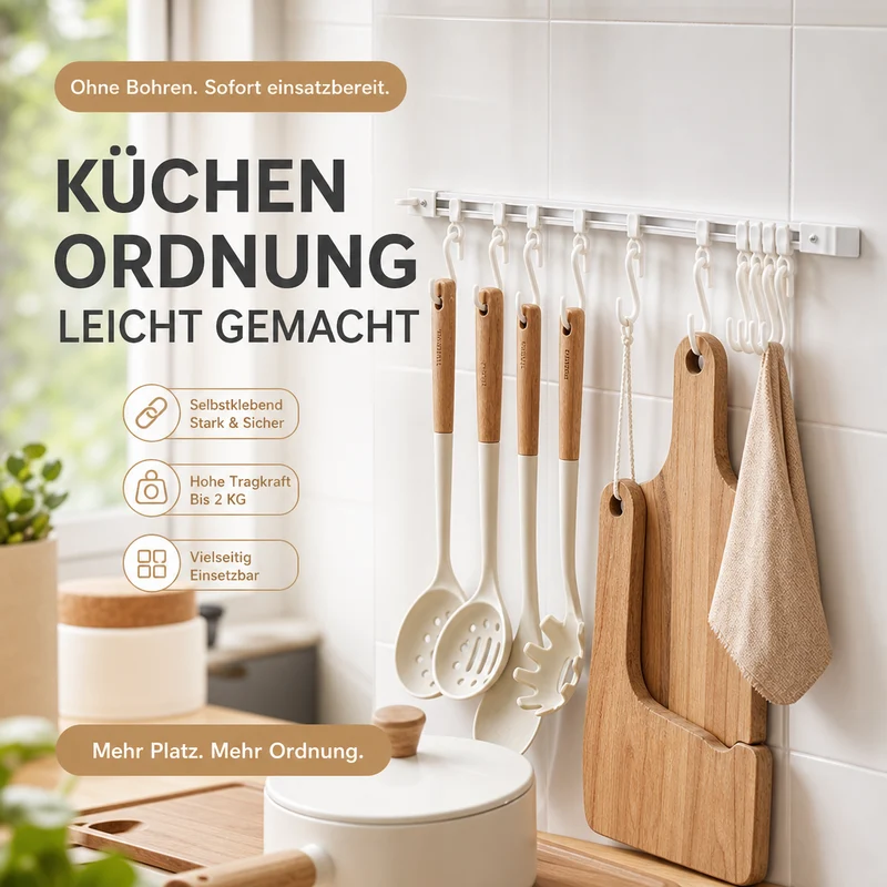 Multifunktionaler Schiebehaken – Montage ohne Bohren, verstellbarer Hakenabstand. Hält Geschirr, Handtücher & Bademäntel – keine Beschädigung der Wand! 🏠✨