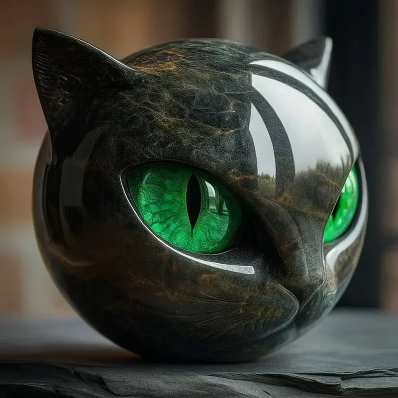 NoirCat Skulptur – Schwarzer Katzenkopf mit hypnotisierenden Augen