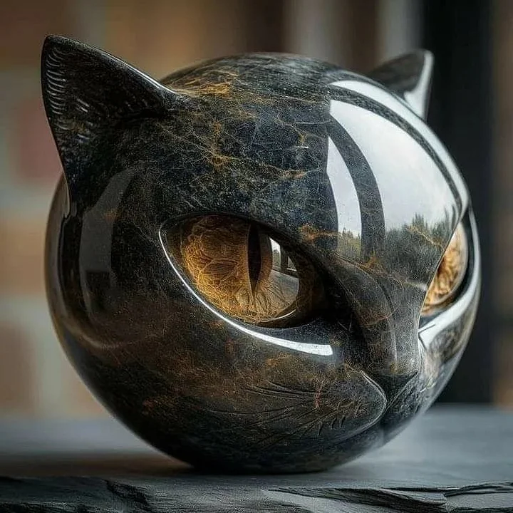 NoirCat Skulptur – Schwarzer Katzenkopf mit hypnotisierenden Augen