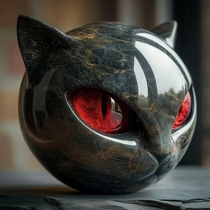 NoirCat Skulptur – Schwarzer Katzenkopf mit hypnotisierenden Augen