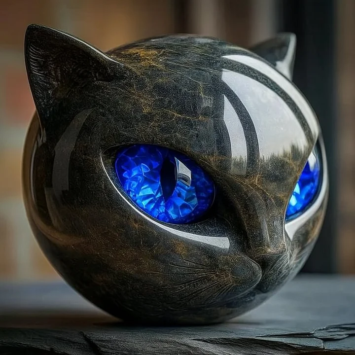 NoirCat Skulptur – Schwarzer Katzenkopf mit hypnotisierenden Augen