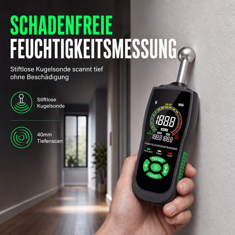 MT68 Pinloses kugelförmiges Sensor-Feuchtemessgerät für Wand, Putz, Spachtelmasse, Mauerwerk und Fliesenleckageprüfung