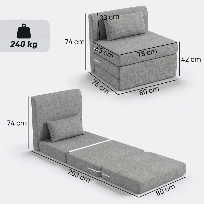 Bodensessel Klappbar Schlafsofa Einzelbett Sofa 80x75x74cm