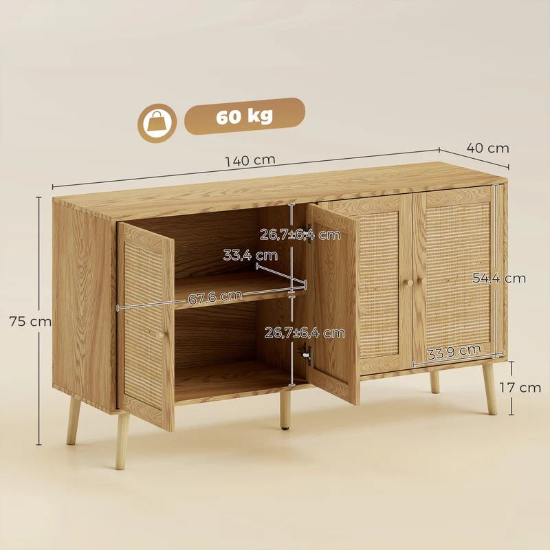 Rattan Sideboard 4 Türen Küchenbuffet Kommode Möbel