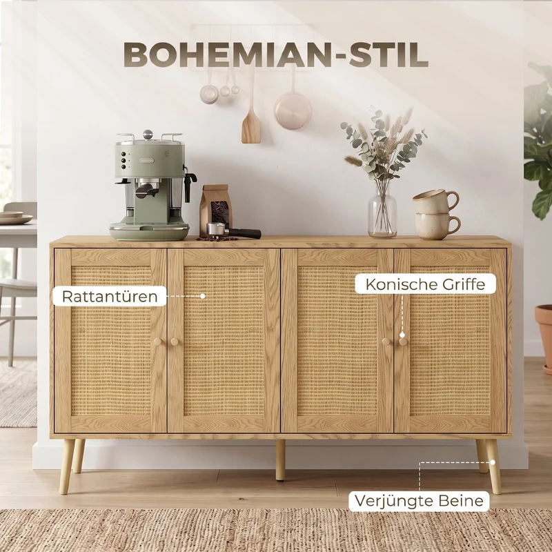 Rattan Sideboard 4 Türen Küchenbuffet Kommode Möbel