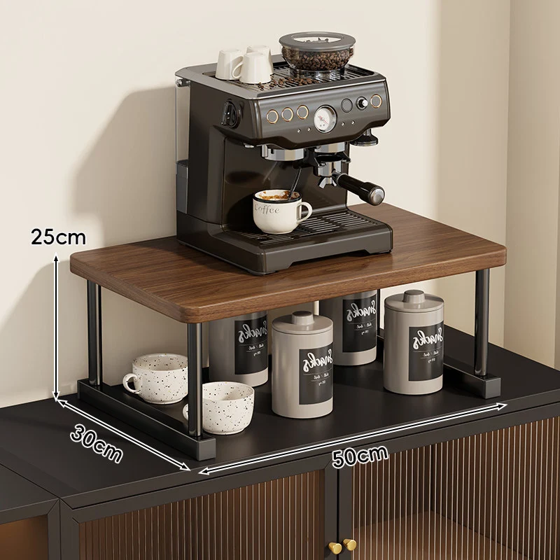 Zwei-Ebenen-Thekenkaffee-Station-Regalaufsatz mit Walnuß-Top und Metallrahmen