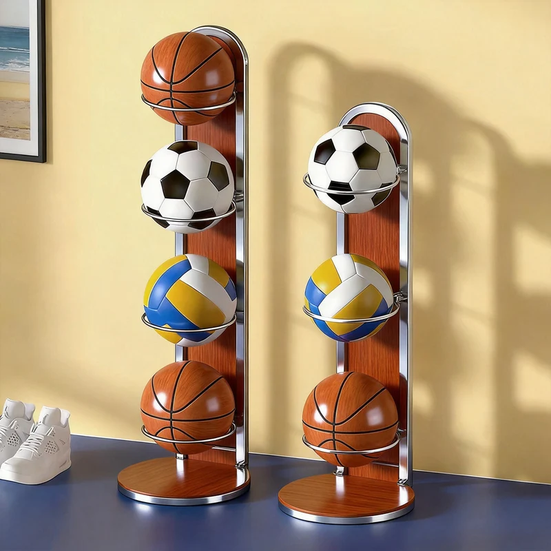 Dreistufiger vertikaler Sportballlagerregal mit wandfertigem Sockel und kreisförmigen Halterungen