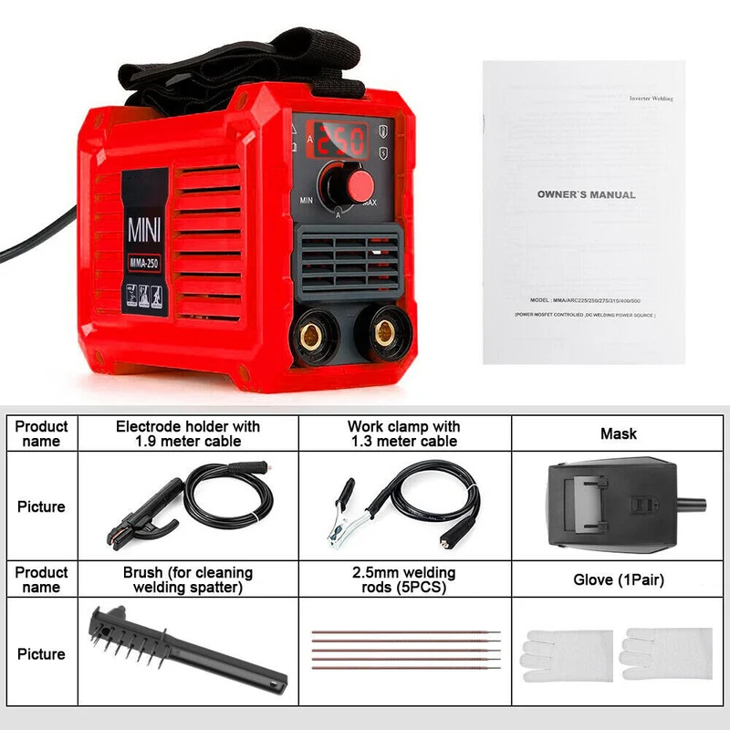 Elektrodenschweissgerät Set Inverter 250A Schweisshelm Zubehör 220V MMA