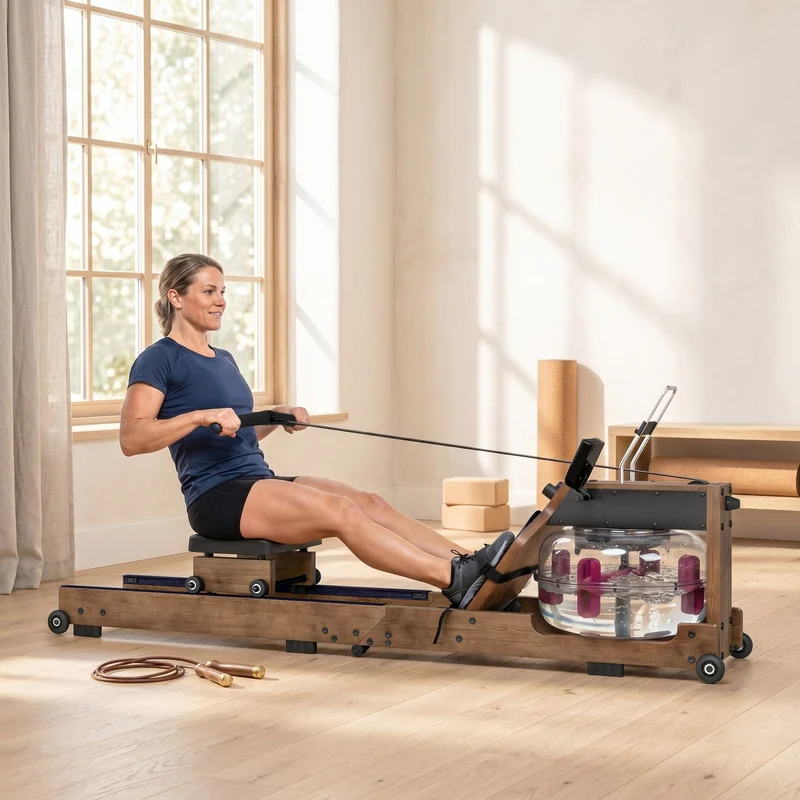 Wasser Rudergerät Klappbar Gummiholz LCD Bluetooth Heimtrainer Fitnessgerät