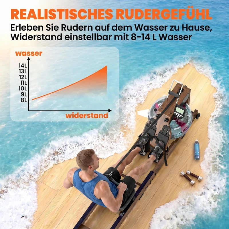 Wasser Rudergerät Klappbar Gummiholz LCD Bluetooth Heimtrainer Fitnessgerät