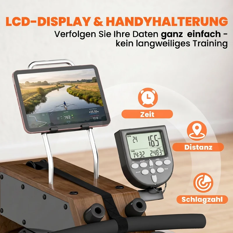 Wasser Rudergerät Klappbar Gummiholz LCD Bluetooth Heimtrainer Fitnessgerät