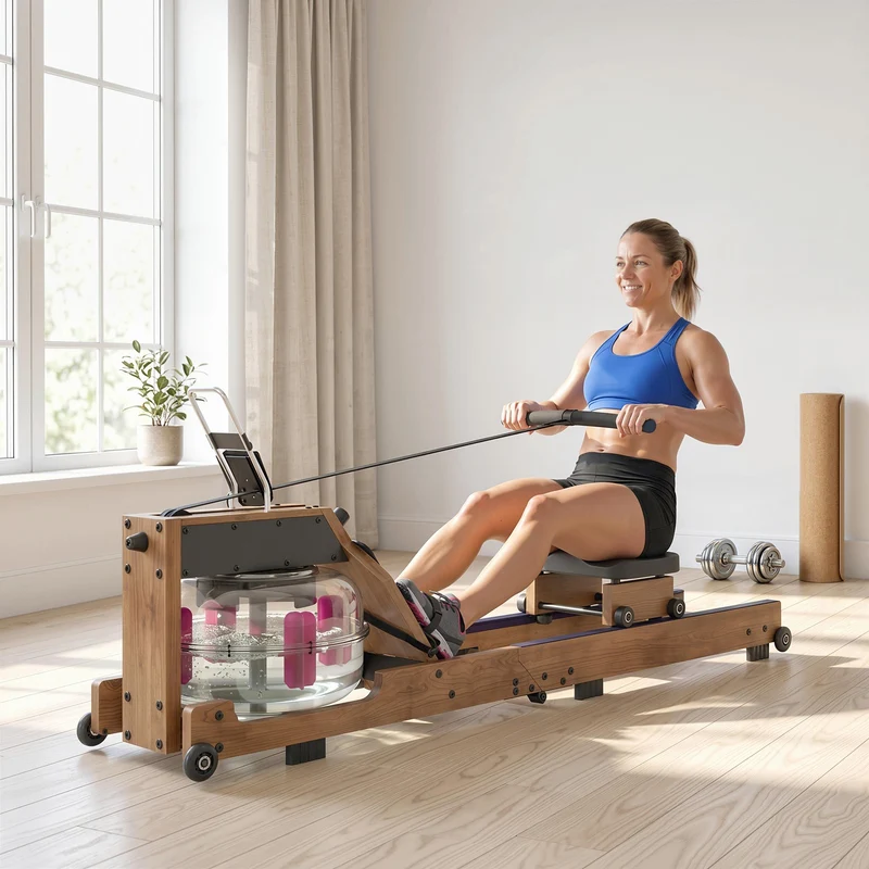 Wasser Rudergerät Klappbar Gummiholz LCD Bluetooth Heimtrainer Fitnessgerät