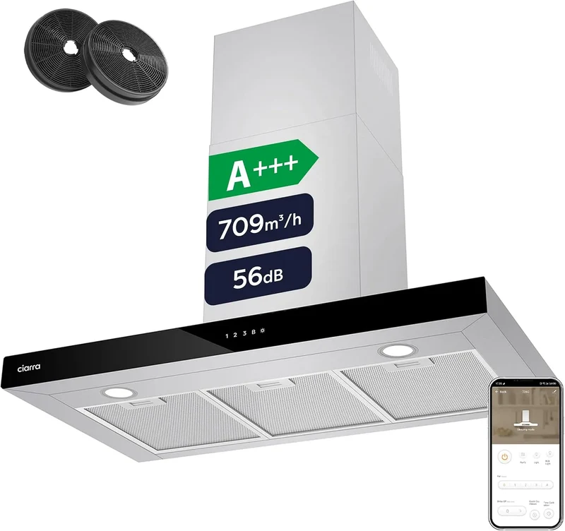 CIARRA CBCS9102 Dunstabzugshaube, 90 cm, 709 m3/h, 56 dB, Küchenhaube, leise, Edelstahl