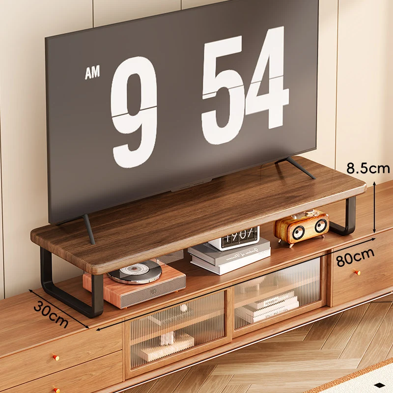 Breite Holz-TV-Ständer mit Metall-U-Beinen und erhöhter Ablage