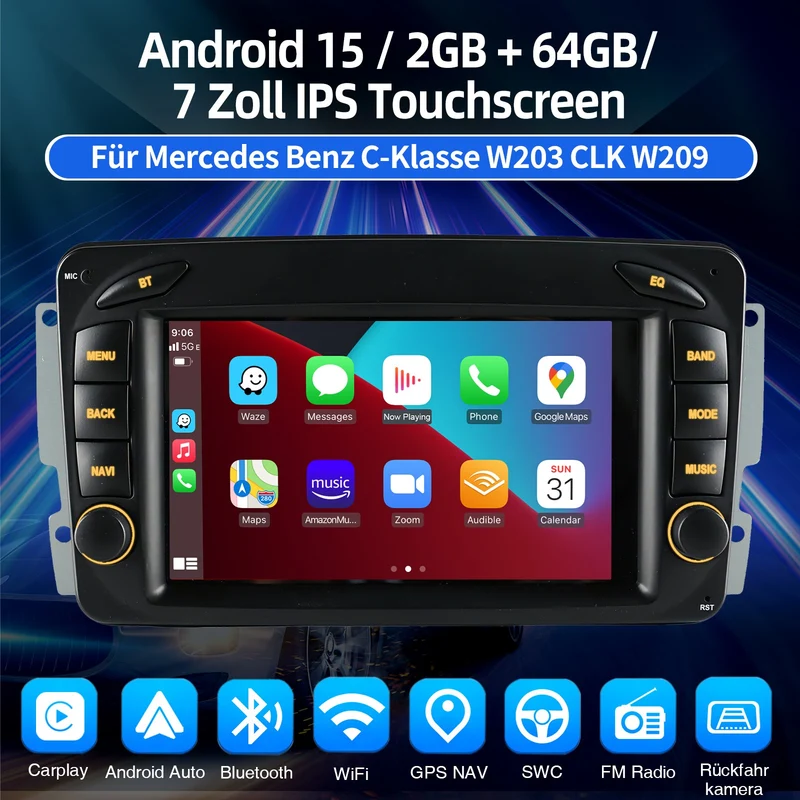 Autoradio 7 Zoll Android 15 Carplay GPS Bluetooth 2DIN Navigation Radio