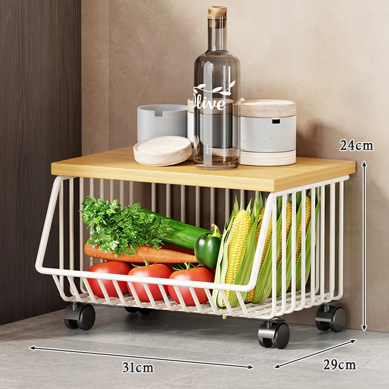 Multi-Ebenen Rollen Kücheneinkaufswagen für Obst und Gemüse mit Holzoberfläche