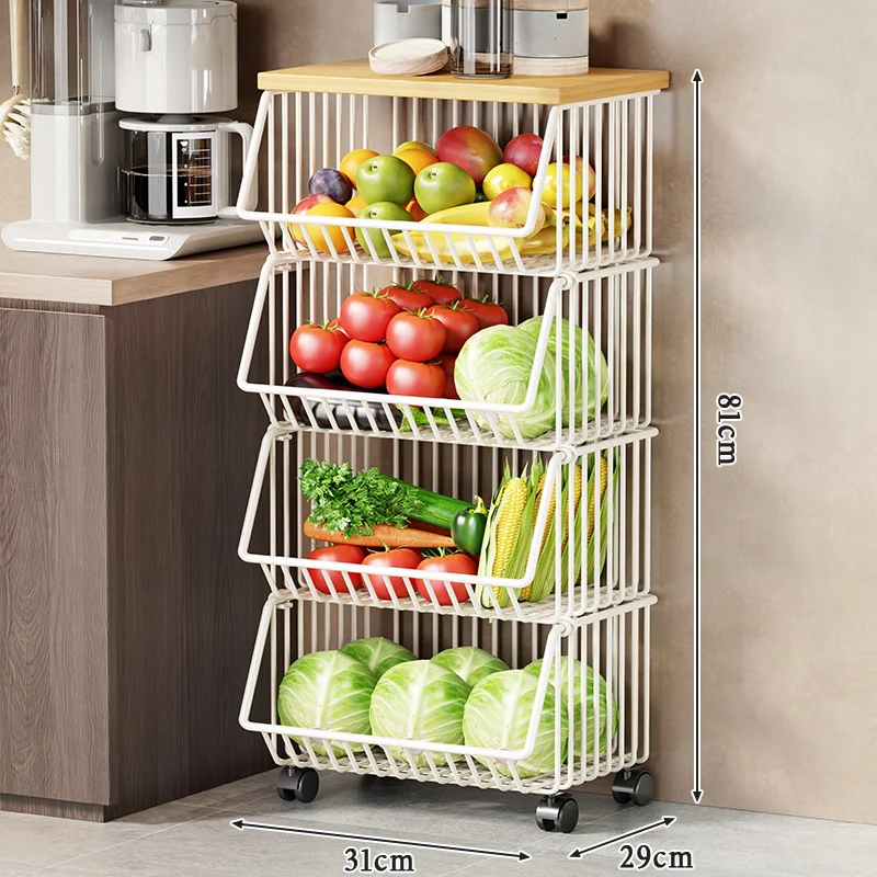 Multi-Ebenen Rollen Kücheneinkaufswagen für Obst und Gemüse mit Holzoberfläche