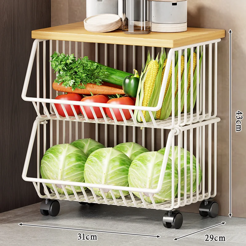 Multi-Ebenen Rollen Kücheneinkaufswagen für Obst und Gemüse mit Holzoberfläche
