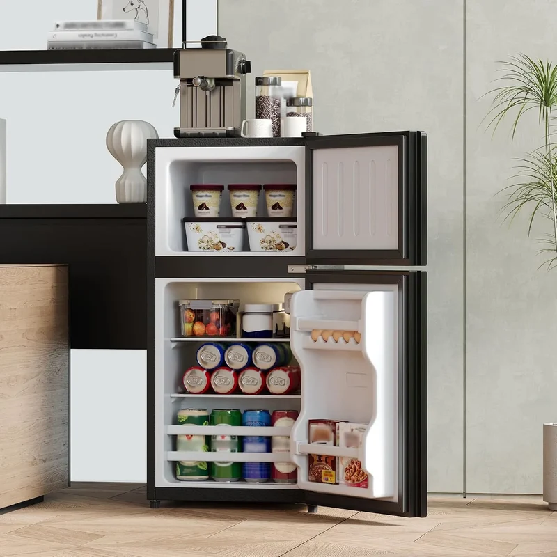Kühlschrank, 60 L, 45 dB, Gefrierfach, Glas, Schwarz, LED-Innenbeleuchtung, kompakt, manuelle Temperaturregelung, Mini Fridge für Studentenwohnheim