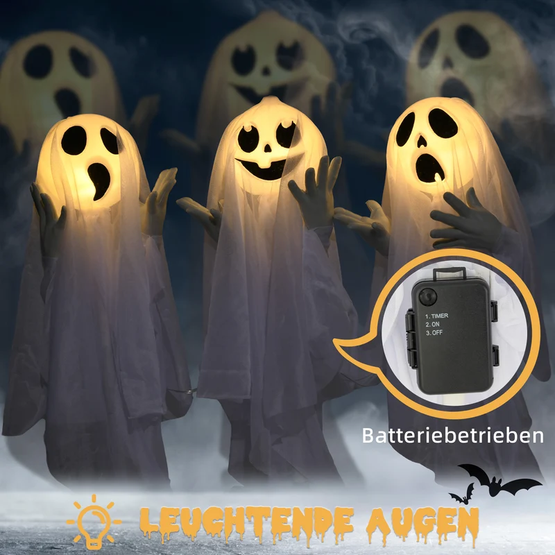 Halloween Dekoration 3x Geister Bewegungssensor 54x10x60cm Leuchtend