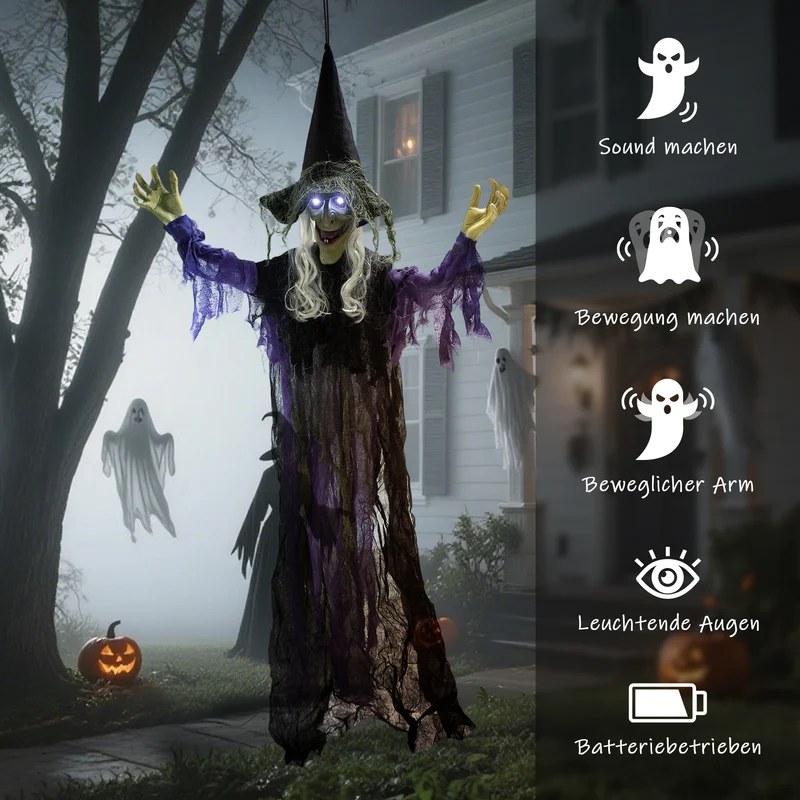 Halloween Dekoration Hängende Hexe LED-Lichter Sound Verstellbare Arme