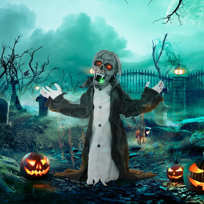 Halloween Deko Skelett Zombie Beweglich Bewegungssensor LED Sound 75cm