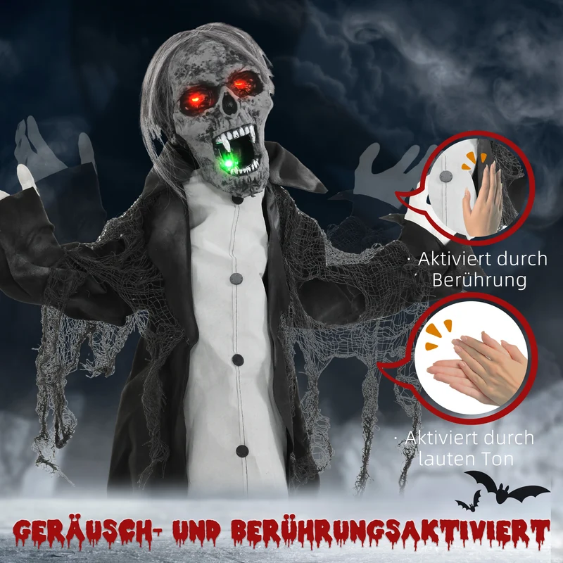 Halloween Deko Skelett Zombie Beweglich Bewegungssensor LED Sound 75cm
