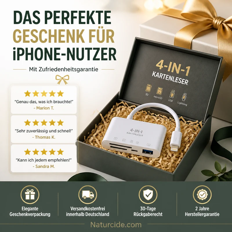 🛍️ 50 % Rabatt – 3-in-1 Speicherkartenleser für Handy & Tablet – USB-C, Lightning, USB-A – Plug & Play für iPhone , Android, PC & Mac 📱