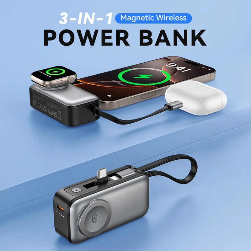 📢50 % RABATT⏰ 3‑in‑1 Magnetische Mini‑Powerbank 5000 mAh, kabelloses Laden für iPhone, Watch & Android
