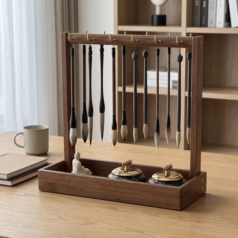 Desktop Holz Kalligrafie Pinselständer mit Sandtray und Hängehaken