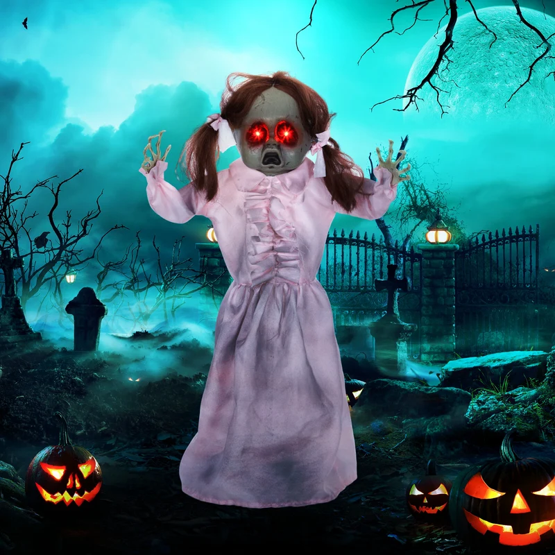 Halloween Horrorpuppe 76cm Deko Soundeffekte Bewegungssensor Leuchtaugen