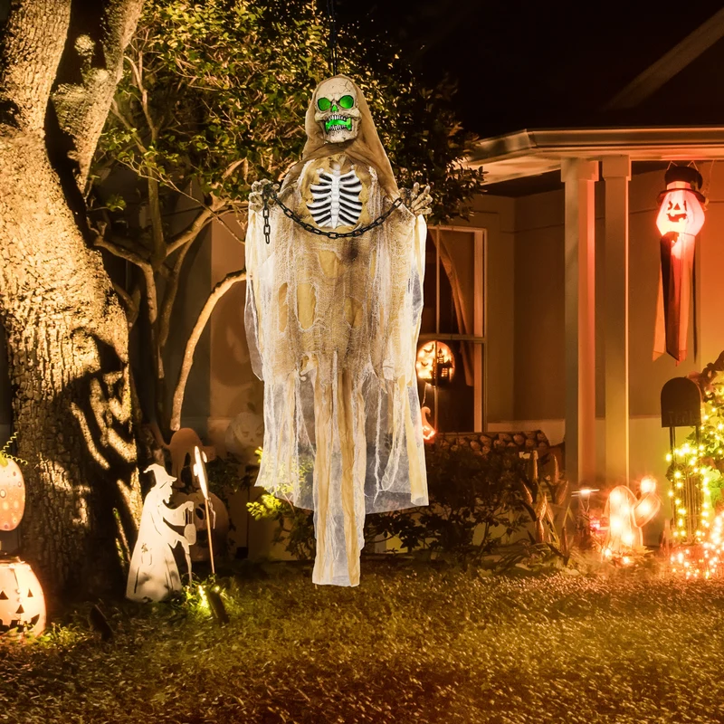 Halloween Dekoration Skelett Hängend Leuchtender Kopf Soundeffekt 90cm