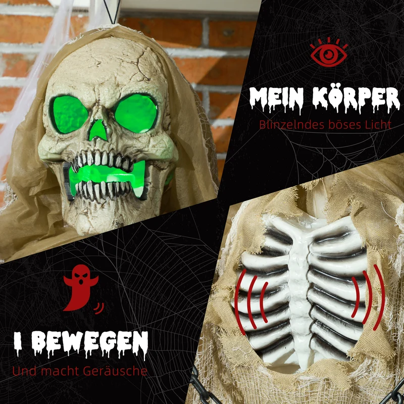 Halloween Dekoration Skelett Hängend Leuchtender Kopf Soundeffekt 90cm