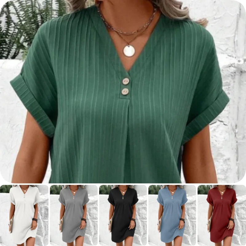 👗 50% RABATT! ✨ V-Ausschnitt-Kleid mit Knopfleiste – Einfarbig, bequem & vielseitig – Ideal für Alltag, Büro & Freizeit 🌸
