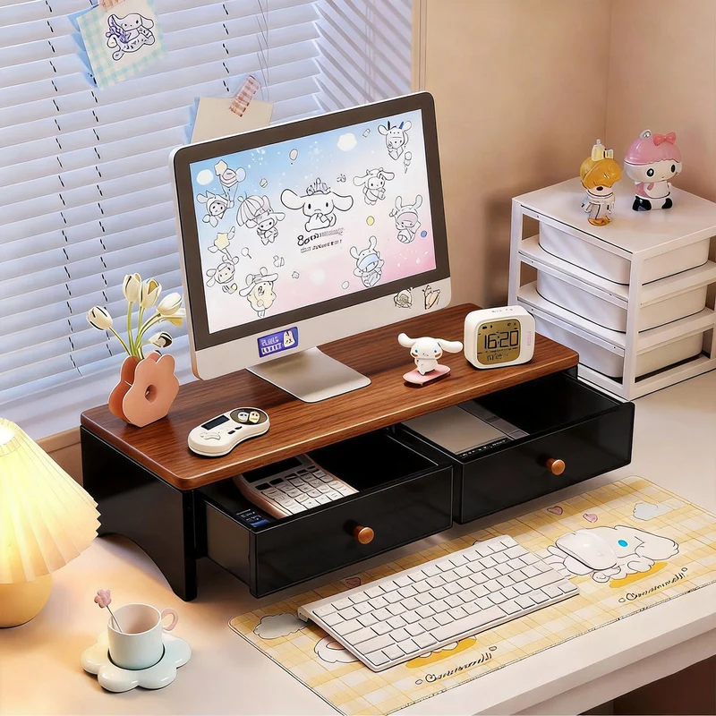 Dual-Höhen Holz Monitorständer und Desktop-Organizer mit zwei Schubladen