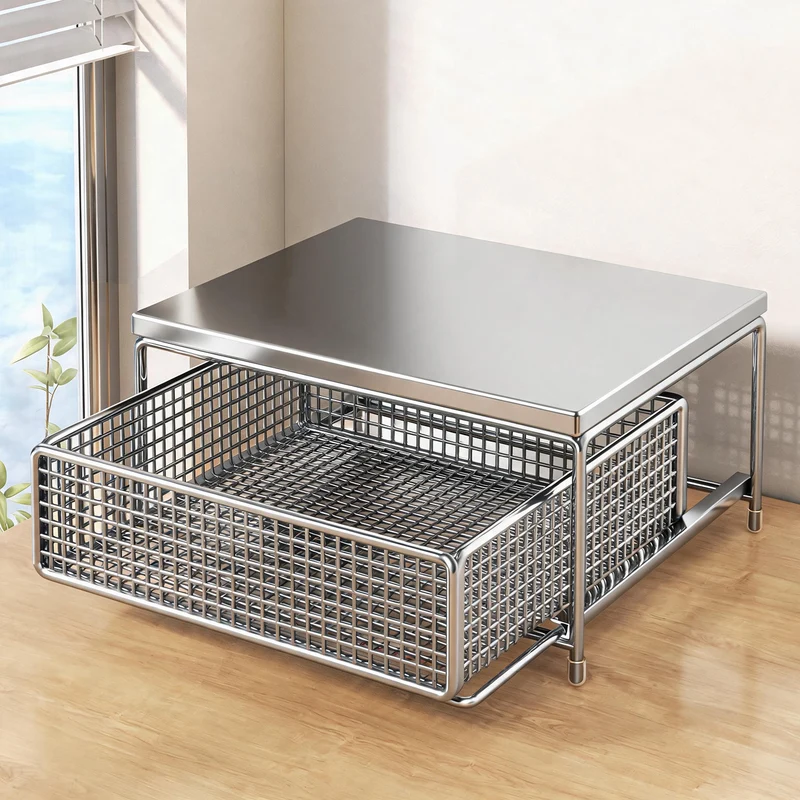 Theke Holzplatte Schiebemesh Lagerkorb Organizer mit Metallrahmen