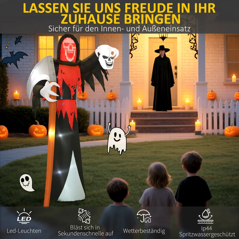 Halloween Aufblasbarer Sensenmann Dekoration 370cm LED Skelett